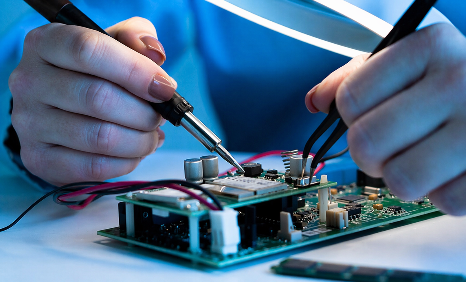 E-Tech technician repairing an electronic circuit board
